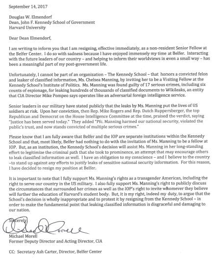 Spooks letter on Chelsea Manning
