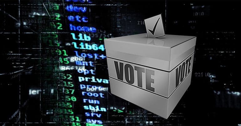 Voting box against a computer screen image