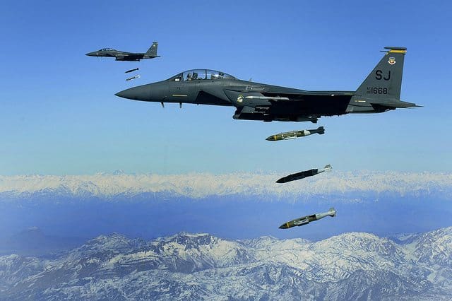 U.S. Air Force F-15E Strike Eagles, from the 389th Expeditionary Fighter Squadron, like the ones shown here, helped provide 176 consecutive hours of air support and drop more than 100 bombs in support of Operation Hammer Down II. Air Force close air support assets played a critical role in the success of the operation. (U.S. Air Force photo by Tech. Sgt. Michael B. Keller)