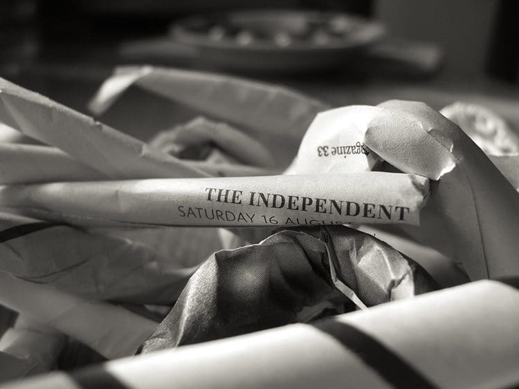 The Independent newspaper shredded black and white monochrome