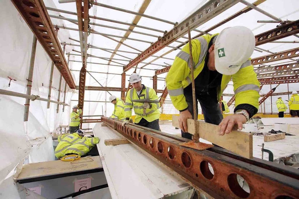 Job HA0276.  February 2006. Fabrication of a new plastic coated bridge, which is being constructed alongside the motorway and will later be erected at Mount Pleasant, M6 motorway, near Junction 32, Lancashire north of Bilsborrow.