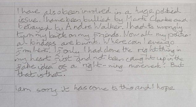 Collect picture: Craig Hibbert 1-10-15 Part of the suicide note left by Tory party activist Elliott Johnson. Ray and Alison Johnson at home in Cambridgeshire, parents of Tory party activist Elliott Johnson, who committed suicide on 15/9/15.