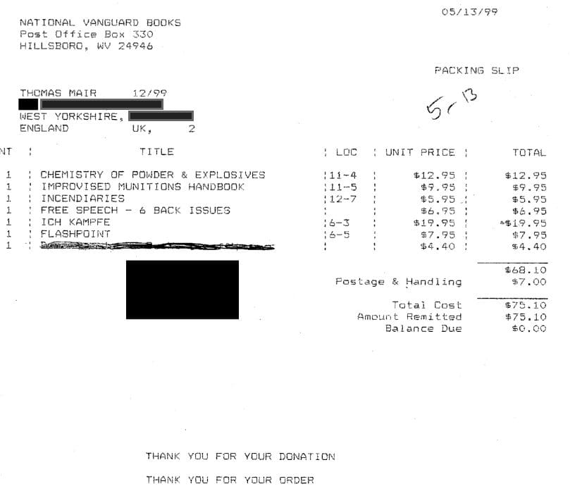 thomas mair 1999 receipt national vanguard books
