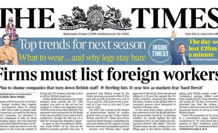 Times front page - "Firms must list foreign workers"