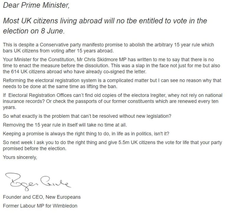New Europeans Letter Theresa May
