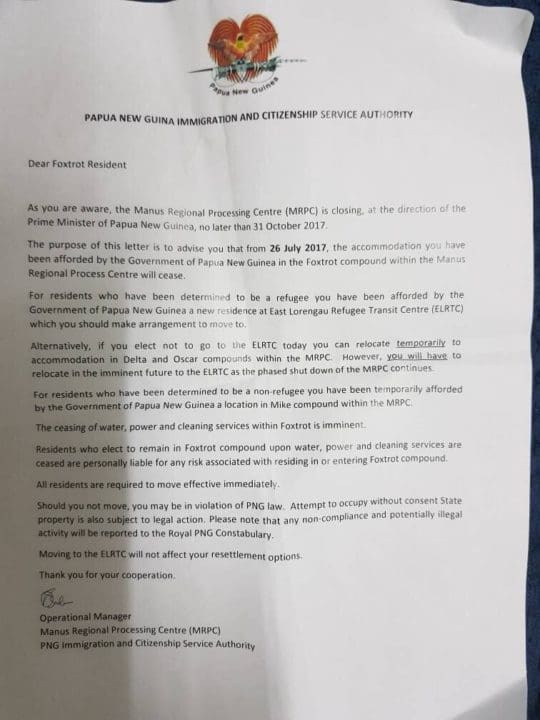 PNG letter to refugees