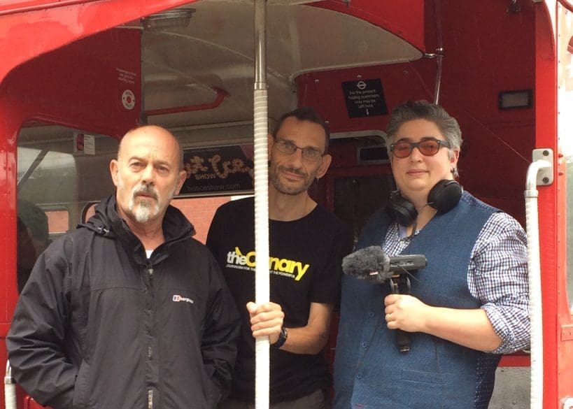 Keith Allen, John Ranson, and Nancy Mendoza on The Establishment Club's Routemaster bus