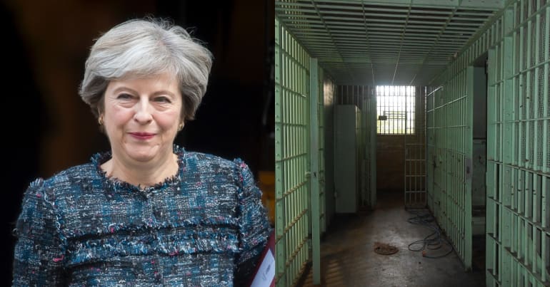 Theresa May and bars of a prison