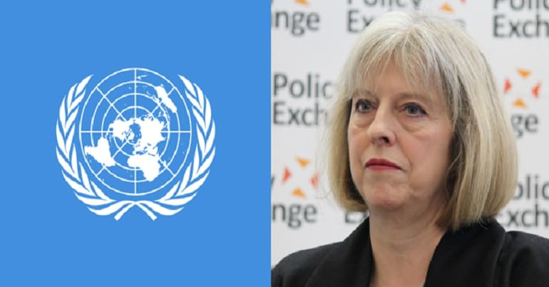 UN logo and Theresa May