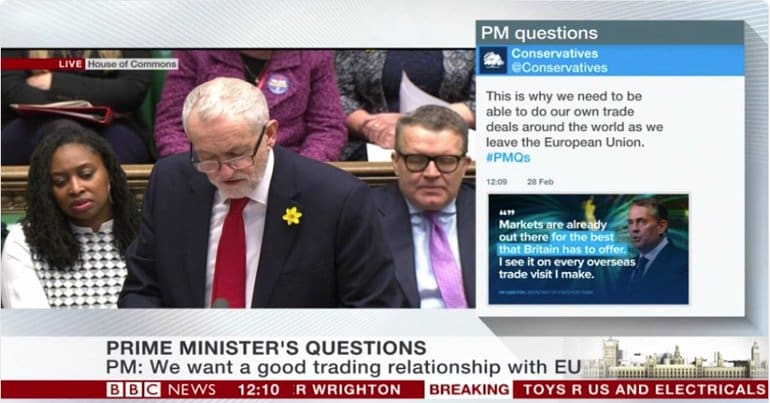 Jeremy Corbyn at PMQs while BBC airs Tory Party tweets