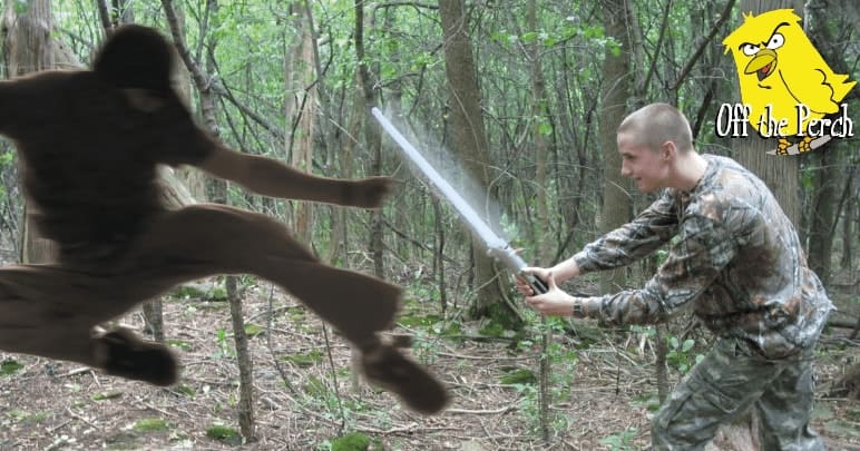 A ninja attacking a man with a skinhead and light saber