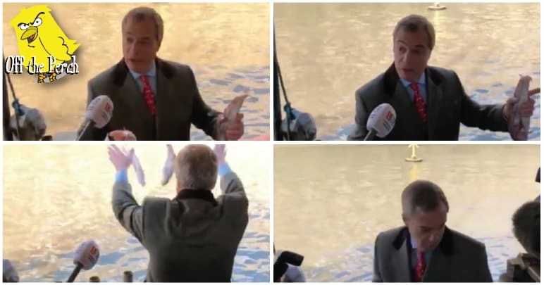 Nigel Farage tossing dead fish into the Thames