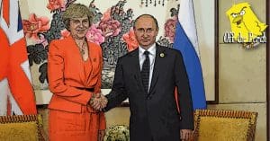 Theresa May and Vladimir Putin shaking hands