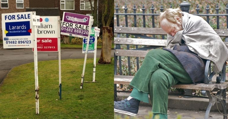 Houses for sale, and a homeless man sitting on a bench