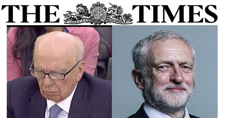 Rupert Murdoch and Jeremy Corbyn and the Times logo