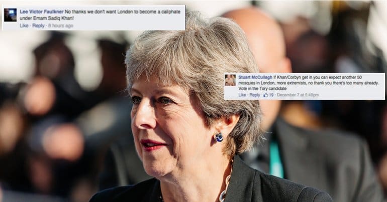 Theresa May and racist Facebook comments by Tory supporters