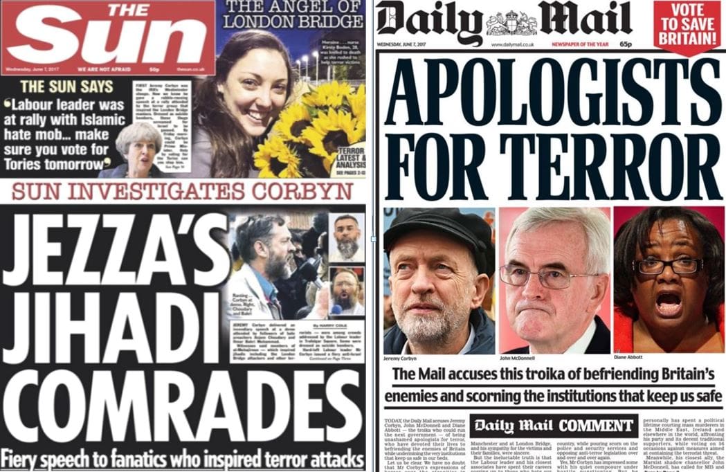 Front pages from the Sun and Mail smearing Corbyn