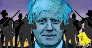 Boris Johnson surrounded by people with pitchforks