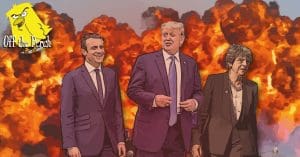 Macron, Trump, and May walking in front of an explosion