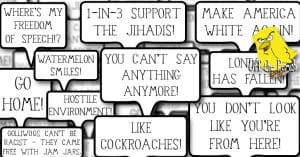Several speech bubbles saying things like 'YOU CAN'T SAY ANYTHING ANYMORE' and 'GO HOME' and 'YOU DON'T LOOK LIKE YOU'RE FROM HERE' and 'HOSTILE ENVIRONMENT'