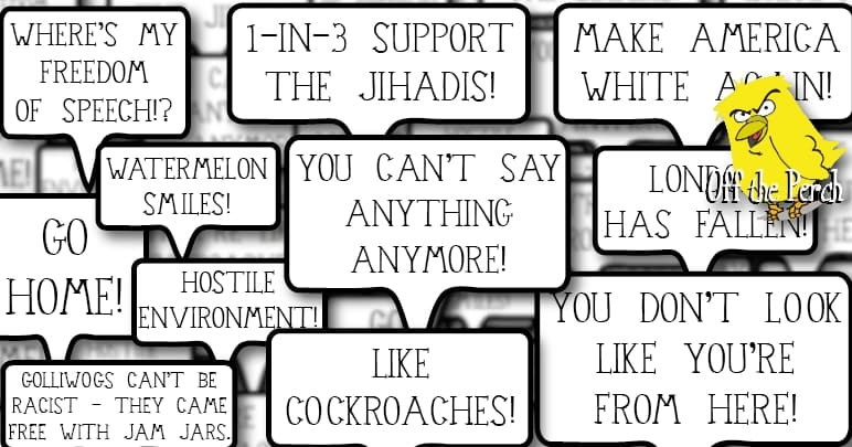 Several speech bubbles saying things like 'YOU CAN'T SAY ANYTHING ANYMORE' and 'GO HOME' and 'YOU DON'T LOOK LIKE YOU'RE FROM HERE' and 'HOSTILE ENVIRONMENT'
