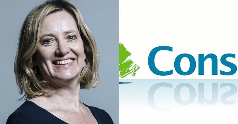 Amber Rudd and Conservative party logo clipped to just say 'Cons'