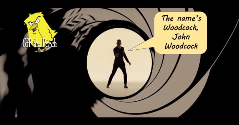 James Bond in a gun pose with a caption that reads "The name's Woodcock, James Woodcock".