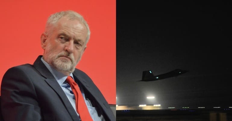 Jeremy Corbyn and plane taking off to bomb Syria