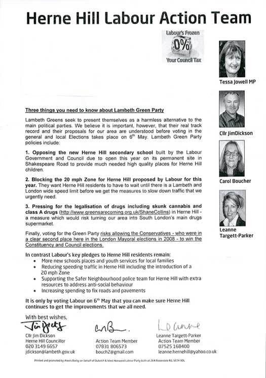 Lambeth Labour campaign literature from 2010