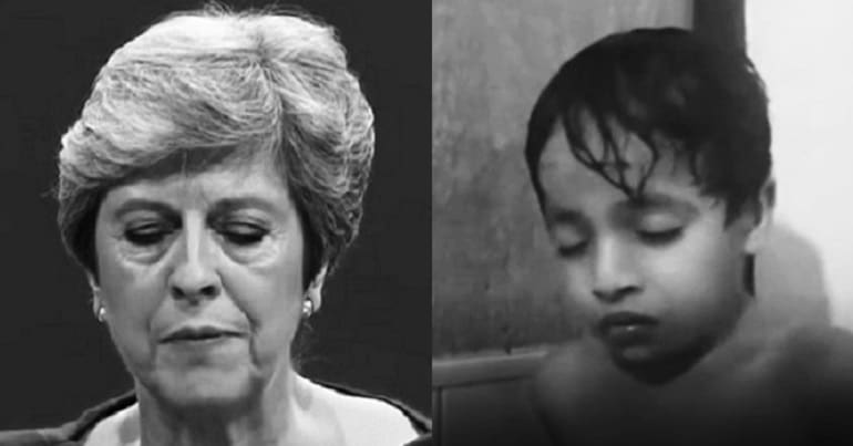 Theresa May and a Syrian child in separate images