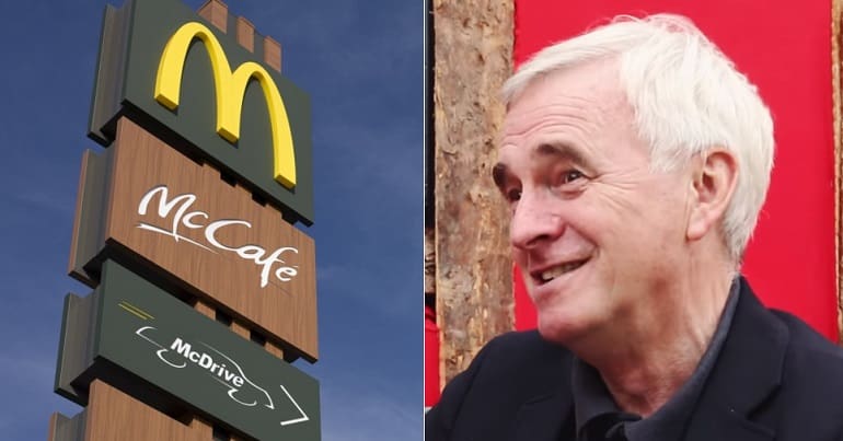 An image of the McDonald’s sign and a picture of John McDonnell smiling