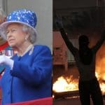 The Queen with Prince Charles and a protester in Bahrain standing with arms raised in front of fire