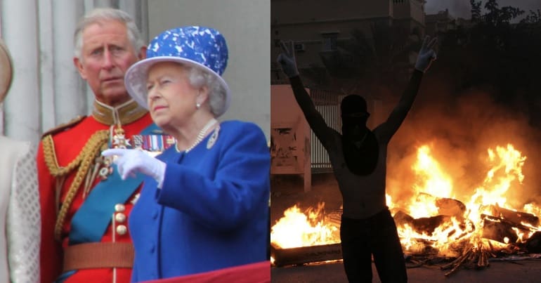 The Queen with Prince Charles and a protester in Bahrain standing with arms raised in front of fire