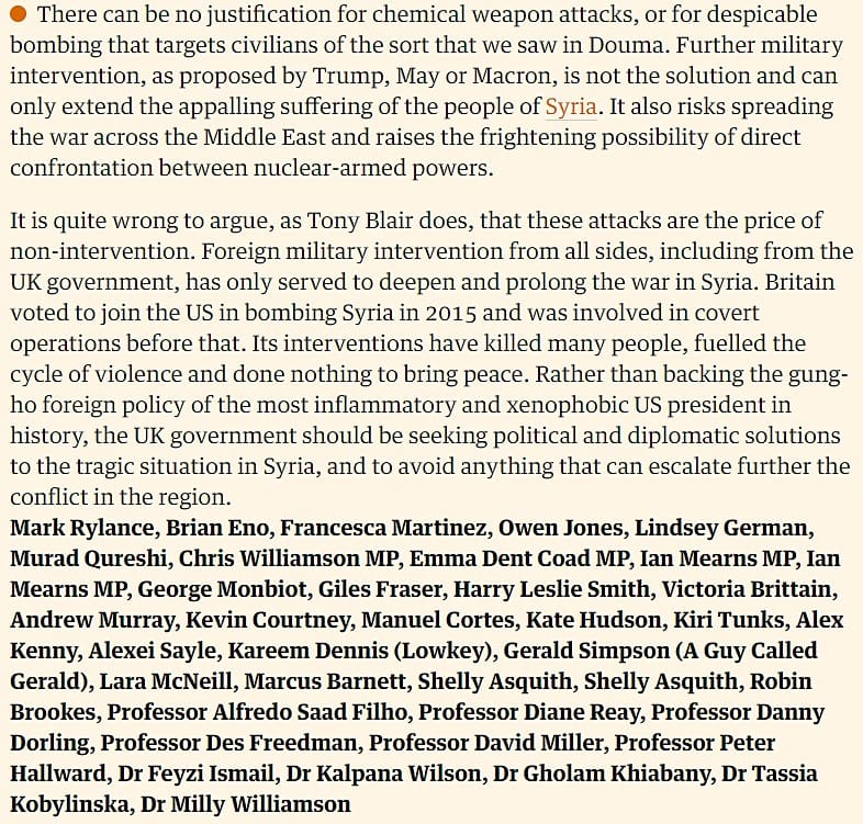 Stop the War Coalition letter in the Guardian
