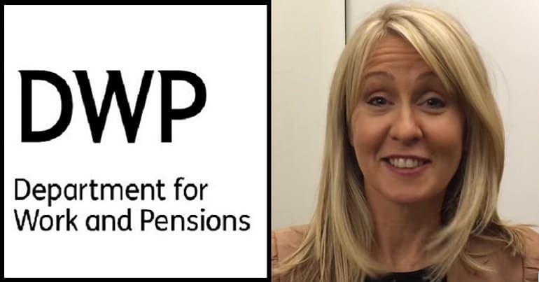 DWP logo and Esther McVey