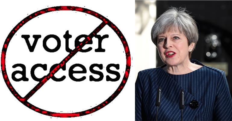A 'no-voter-access' sign and a picture of Theresa May