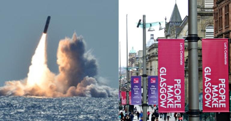 Trident Missile in US and People Make Glasgow Banners Buchanan Street