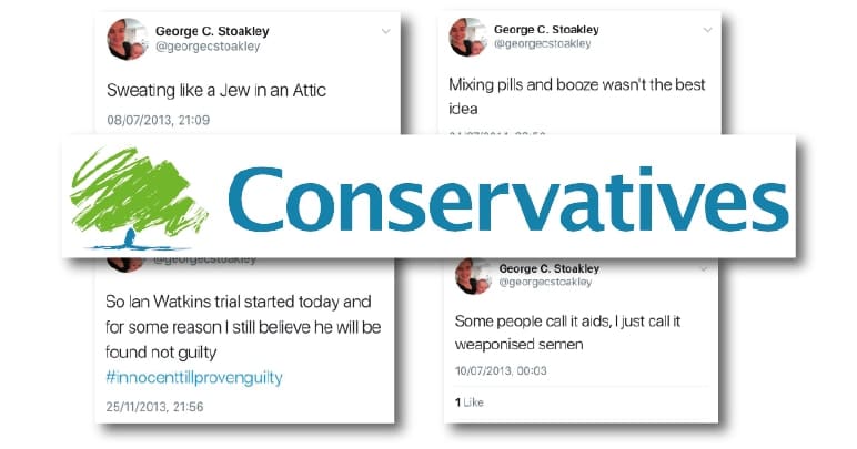 Tweets from suspended Conservative candidate George Stoakley. One reads: "Sweating like a jew in an attic"