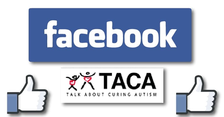The Facebook logo and a logo for the charity 'Talk About Curing Autism' surrounded by two of the Facebook 'like' thumbs ups
