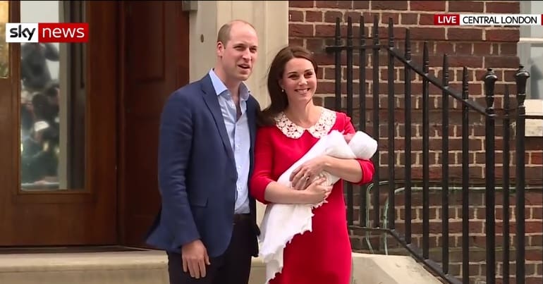 Prince William and Kate Middleton with their third child outside the hospital