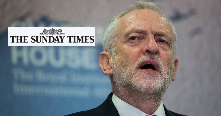 Corbyn with Sunday Times logo