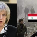 Theresa May and ruins of Syria / children running