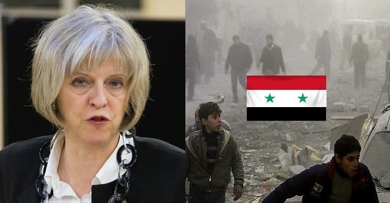 Theresa May and ruins of Syria / children running