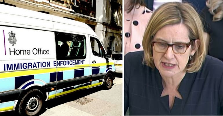 An immigration enforcement van and amber rudd