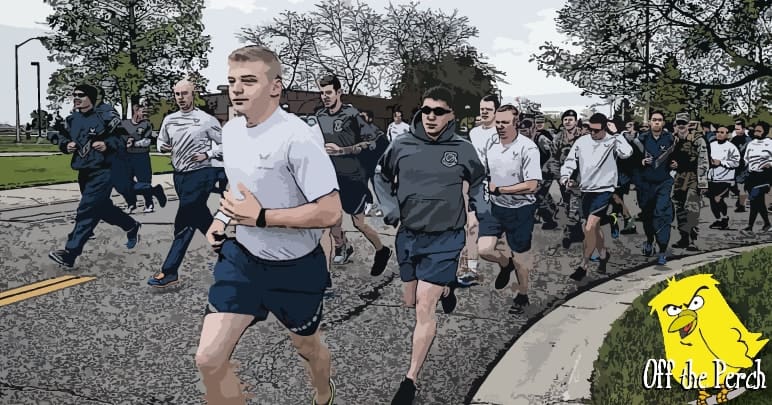 Numerous men running towards the camera