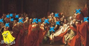 A painting of Lords, half of whom have blue crosses over their face