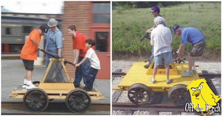 Pictures of people on a railroad handcar/pump-trolley