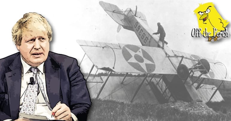 A disgruntled-looking Boris Johnson and a crashed bi-plane