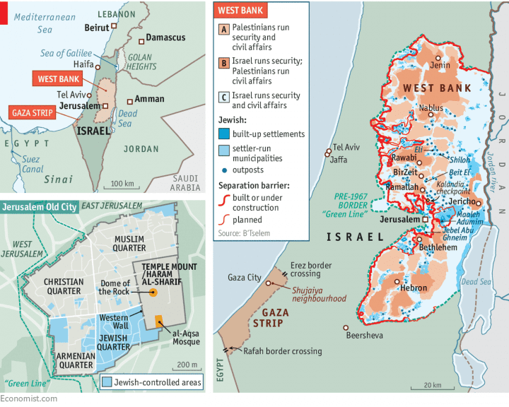 Map showing Israeli control of West Bank and Gaza