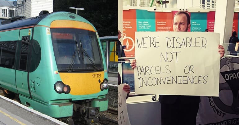 A Southern Rail train and a campaigner